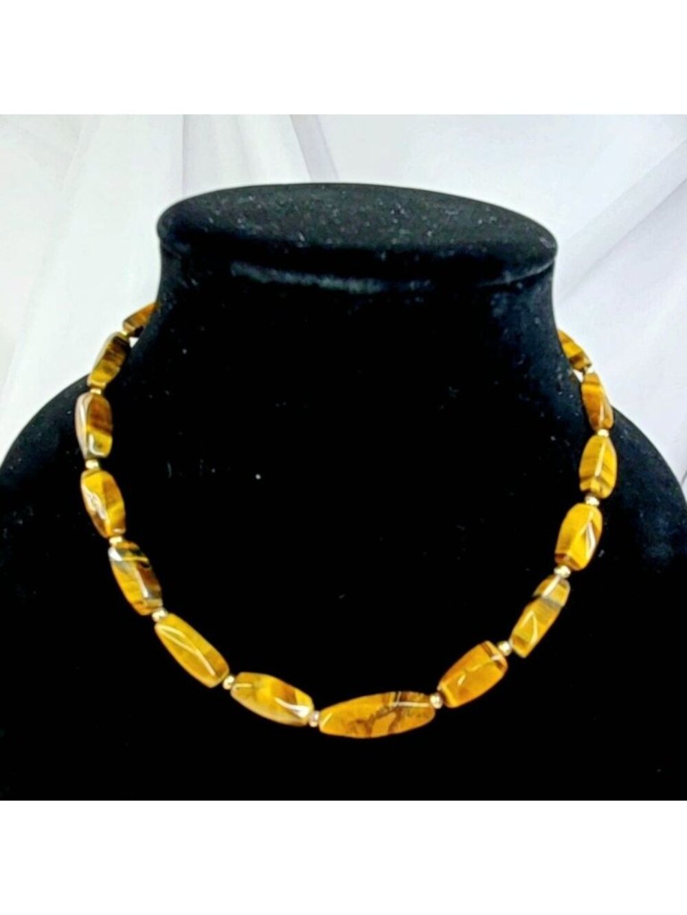 Vintage Tigers Eye Gemstone Beaded Necklace With Gold-Tone Spacers & Clasp